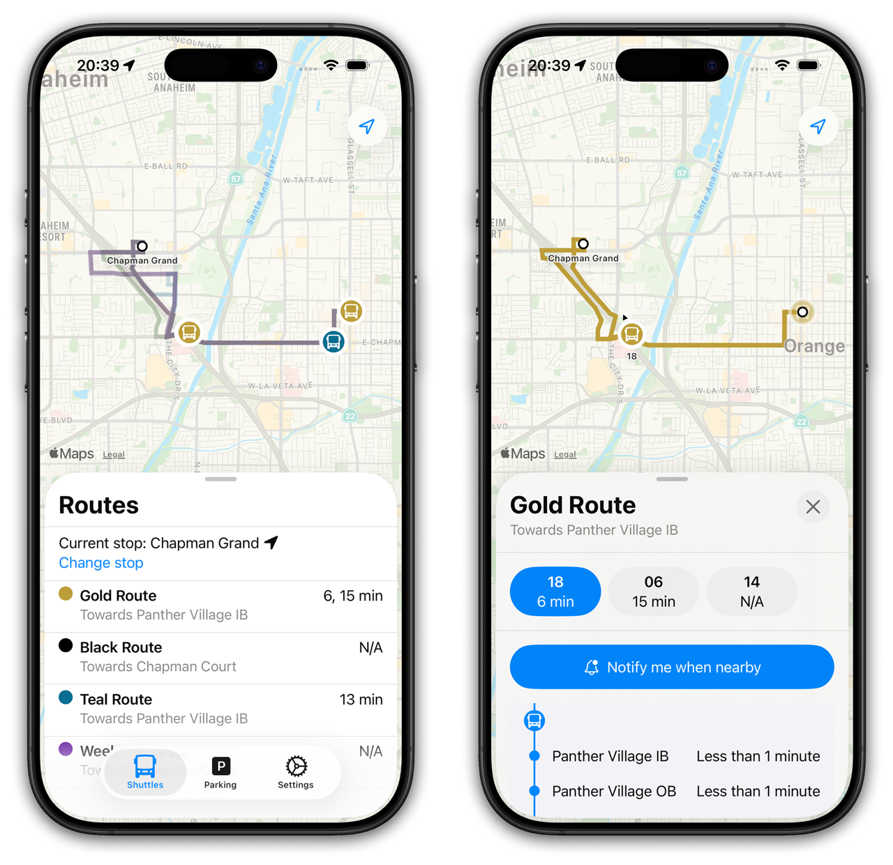 Screenshots of the app showing the routes list and page.